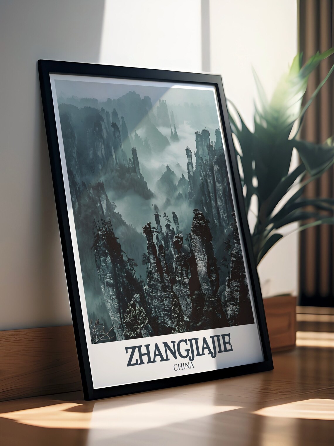 Zhangjiajie China Fog Shrouded Stone Pillars Monochrome Travel Poster - Image 2