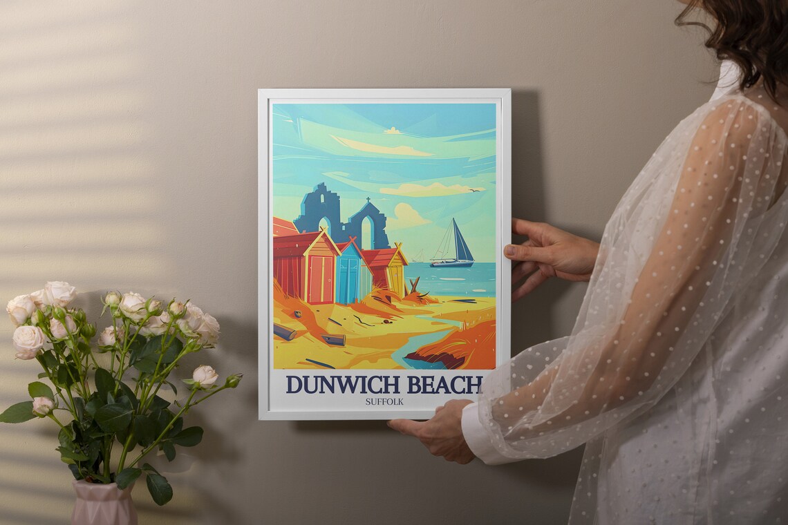 Dunwich Beach Suffolk Church Ruins Beach Huts Sailboats Poster - Image 2