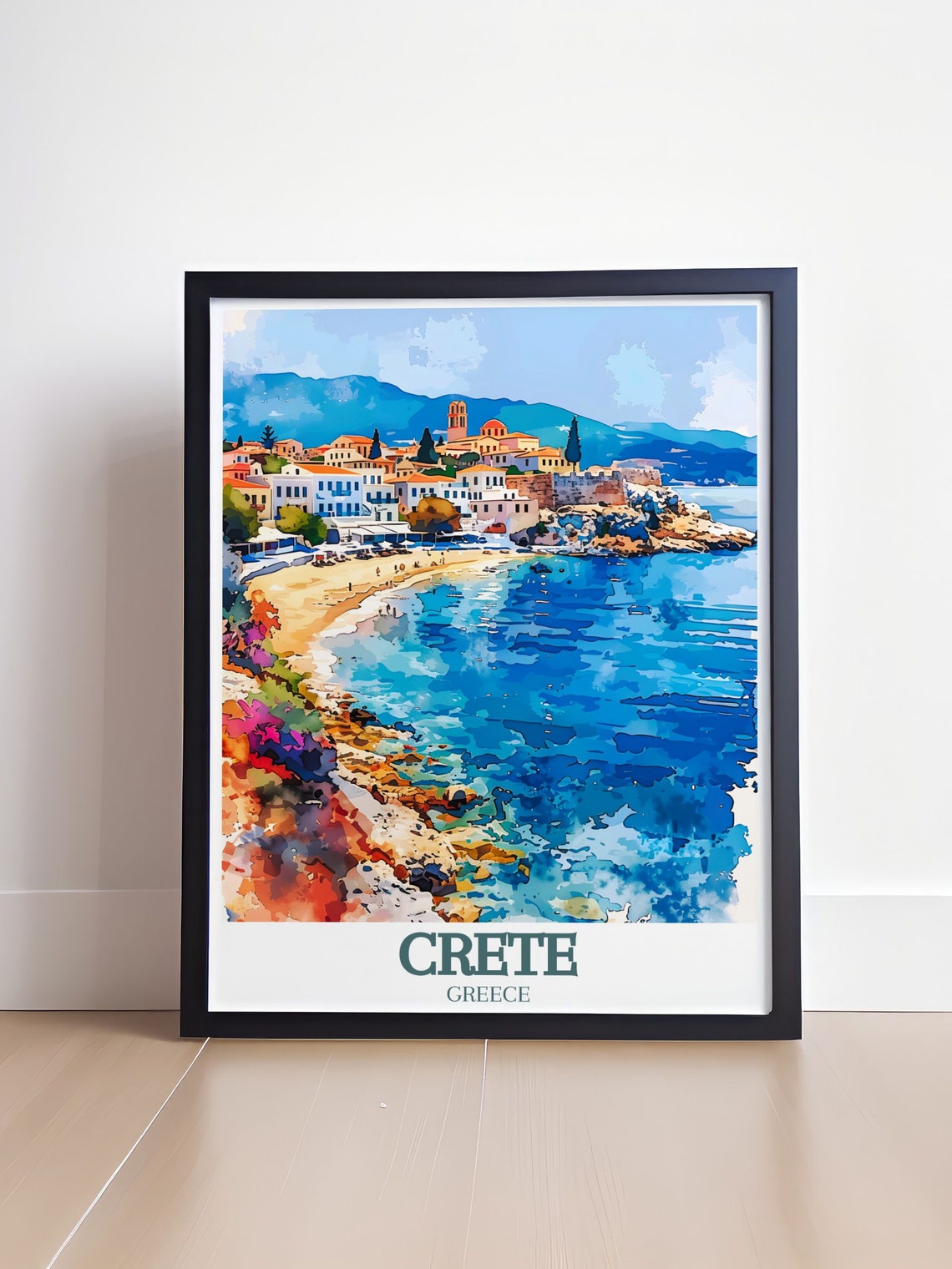 Crete Greece Coastal Town Bay Church Tower Watercolor Poster - Image 4