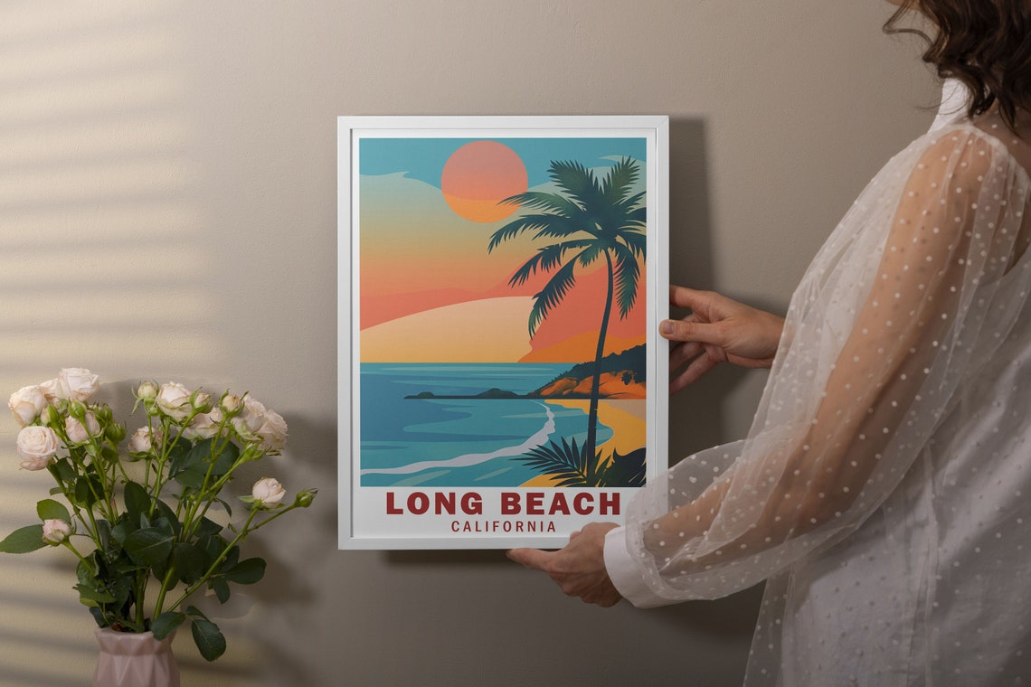 Long Beach California Palm Tree Sunset Beach Retro Art Classic Poster - Image 3
