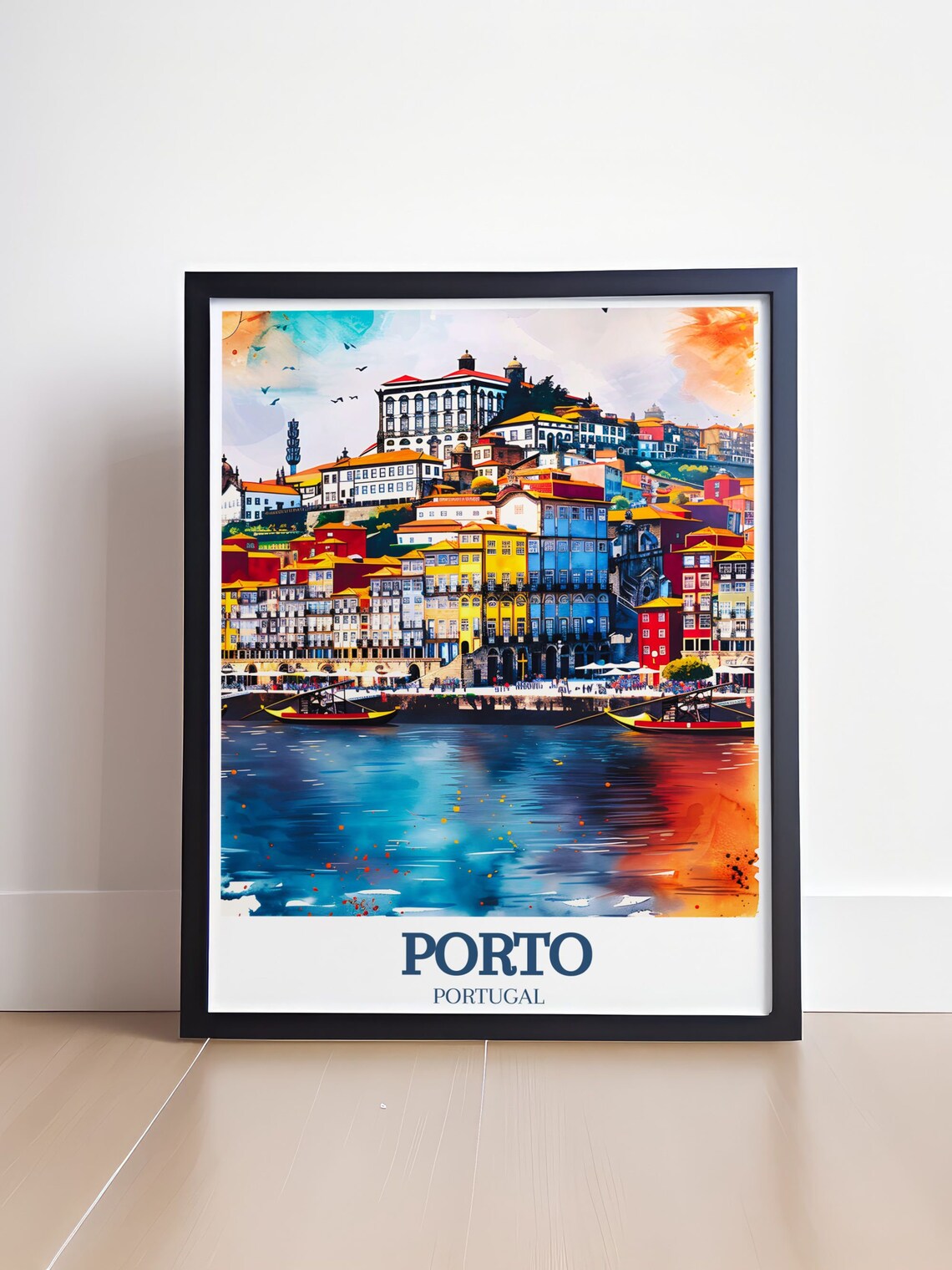 Porto Ribeira Douro River Rabello Boats Watercolor Travel Poster - Image 4