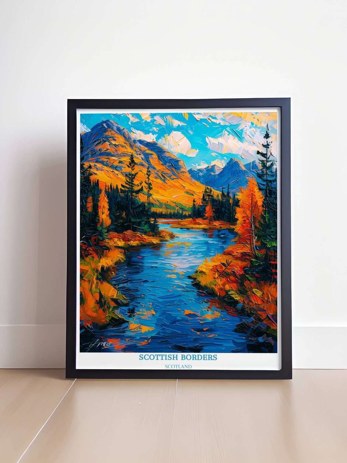 Scottish Borders Autumn River Mountain Oil Painting Style Poster - Image 4