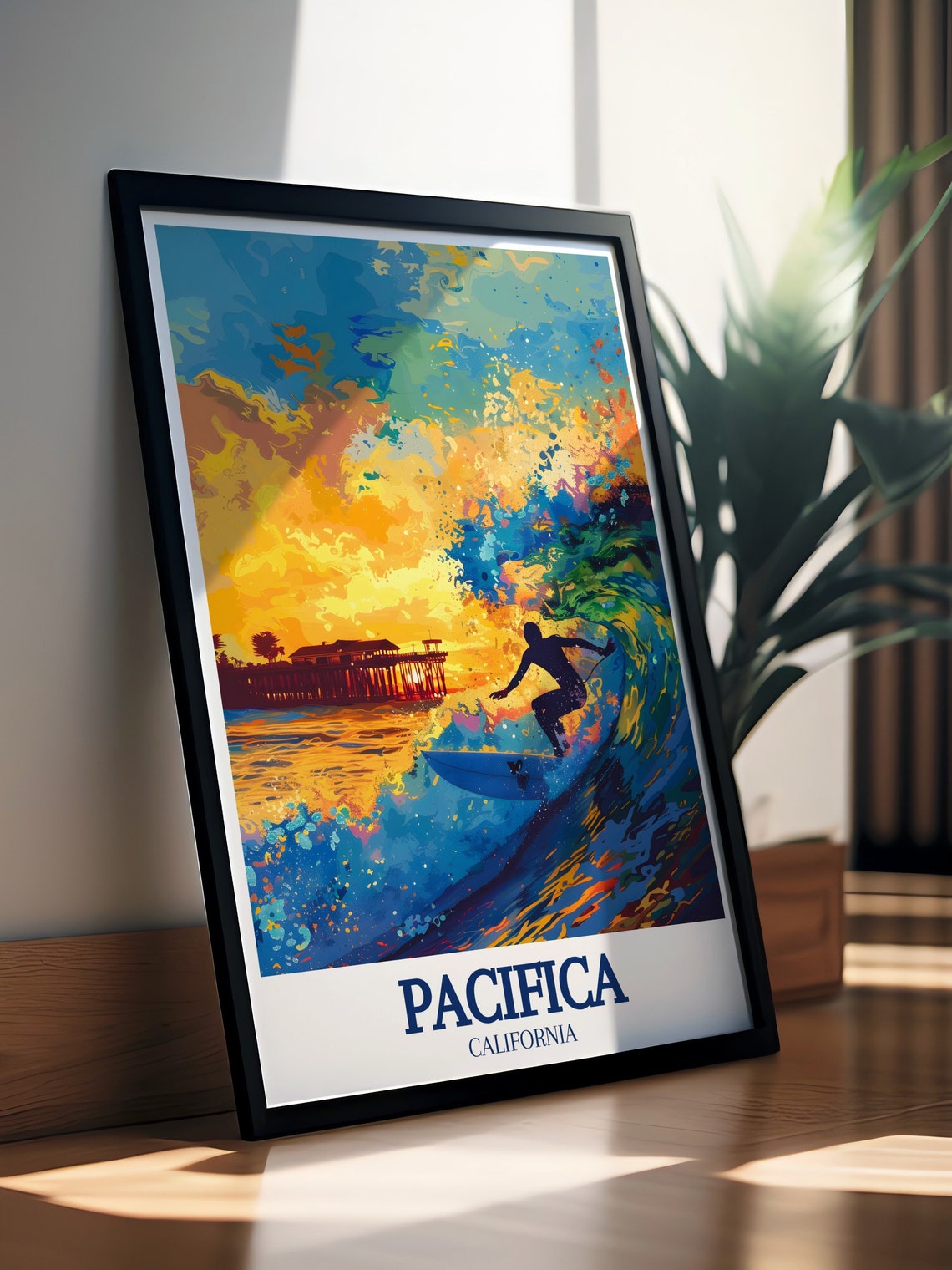 Pacifica California Surfer Sunset Wave Pier Beach Art Poster - Image 2