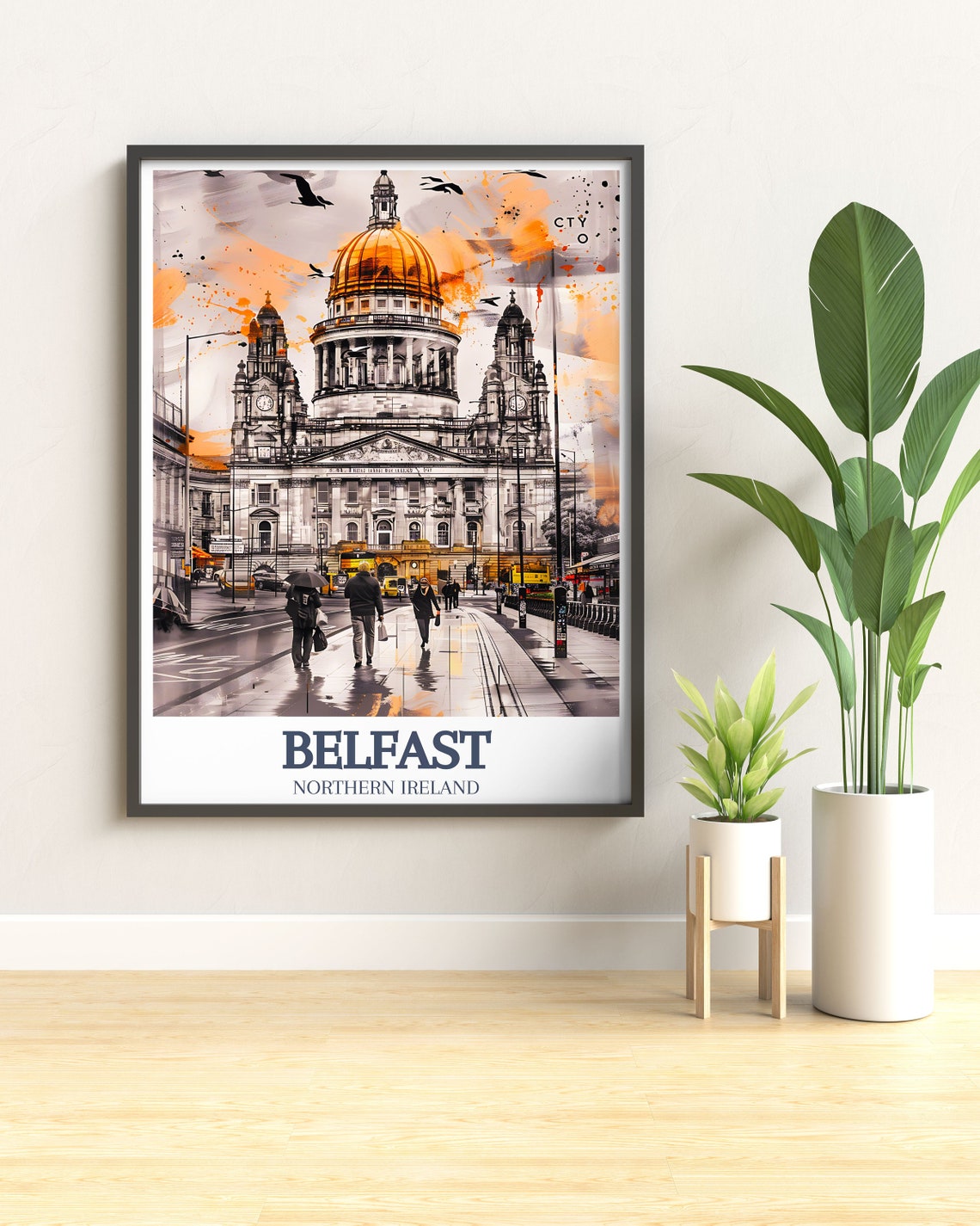 Belfast City Hall Golden Dome on a Rainy Street Scene Art Poster - Image 3