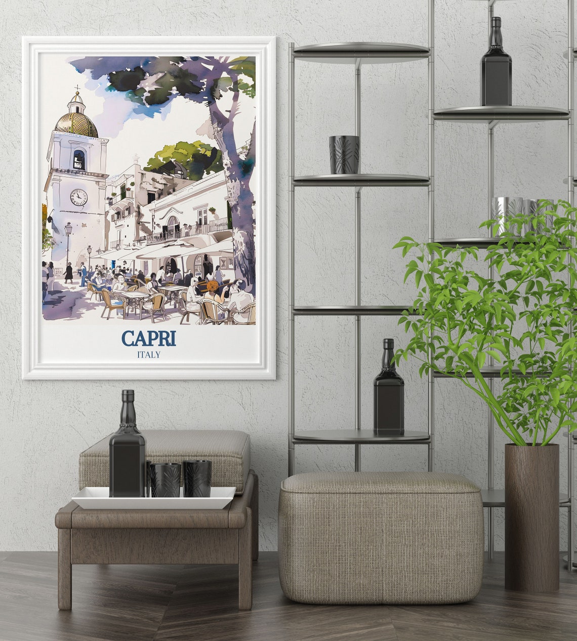 Capri Italy Piazzetta Clock Tower Cafe Scene Watercolor Poster - Image 3