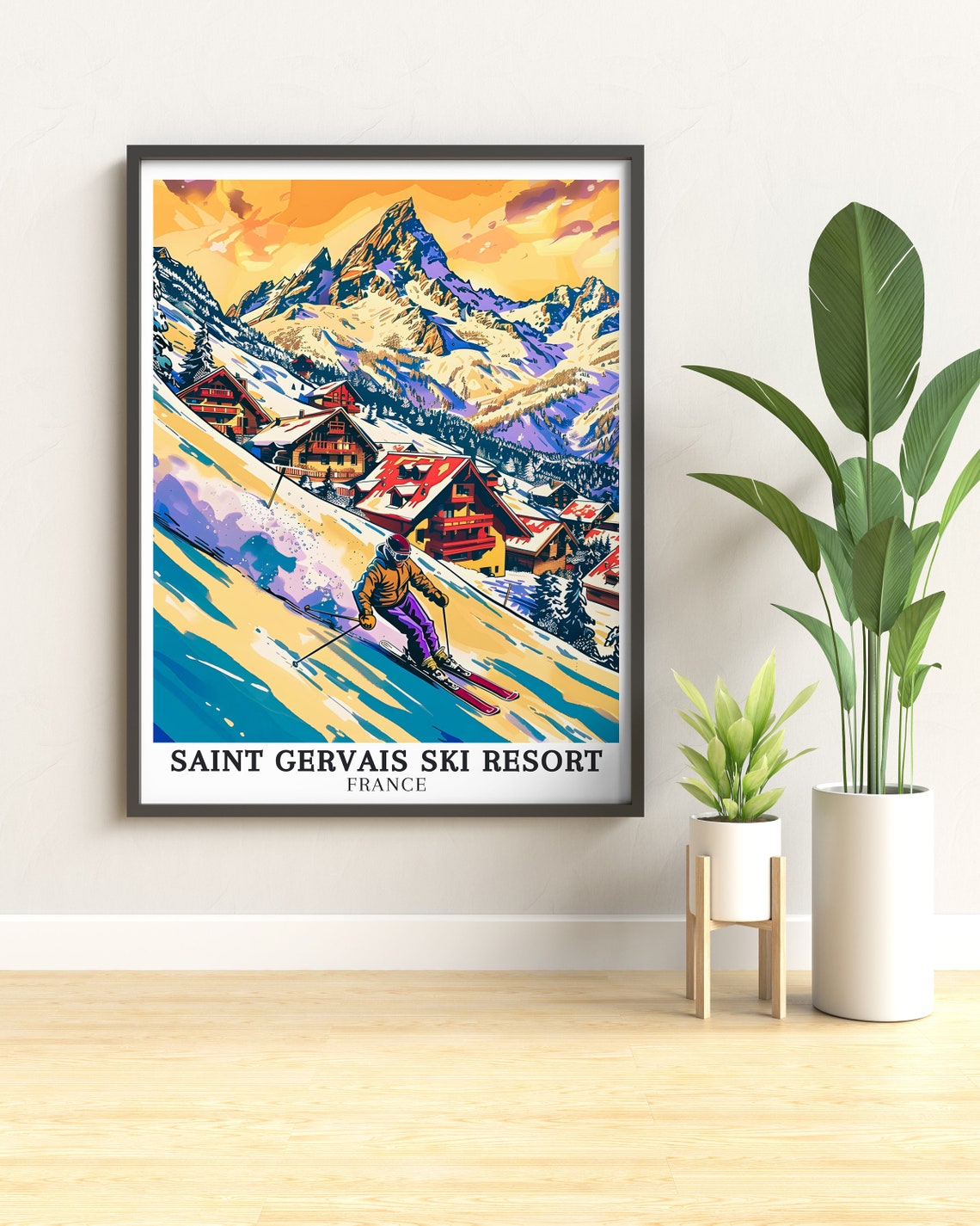 Saint Gervais Skier Above Colorful Alpine Chalets Sunset Poster - Image 3