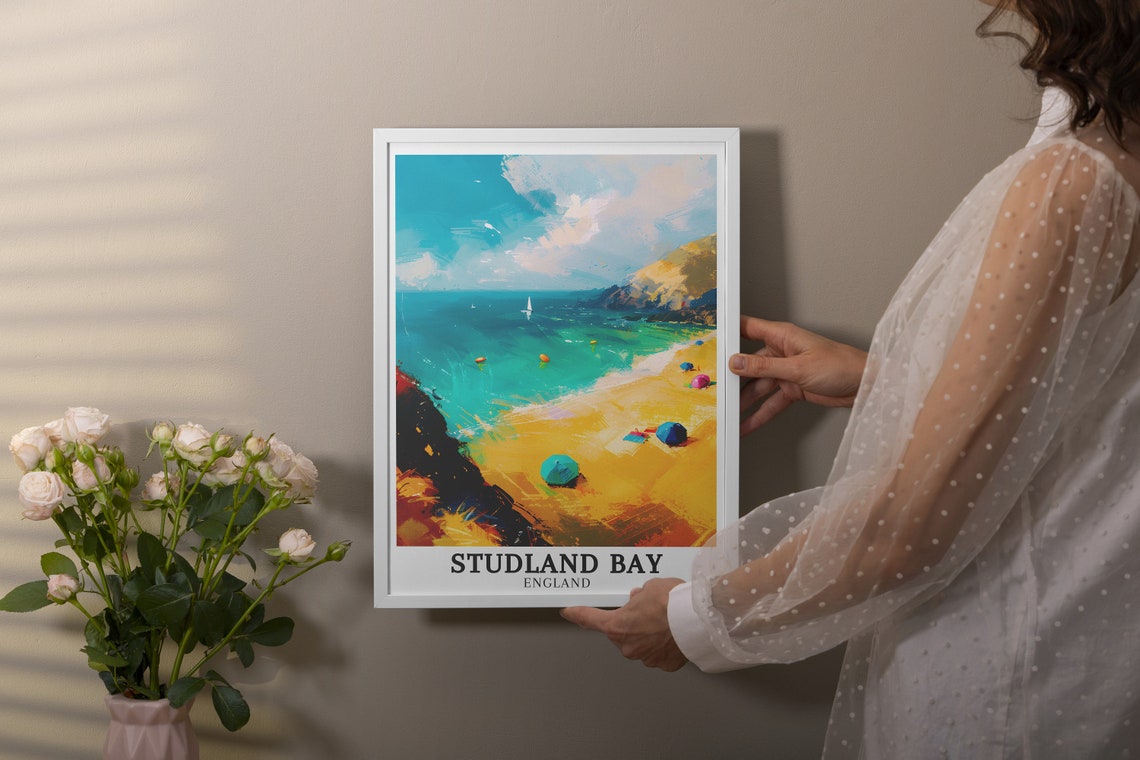 Studland Bay Golden Beach Umbrellas and Sailboats Travel Poster - Image 3