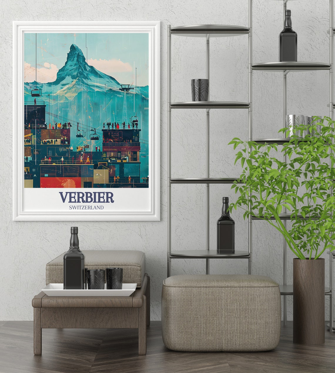 Verbier Switzerland Gondolas Beneath Mountain Peak Travel Poster - Image 2