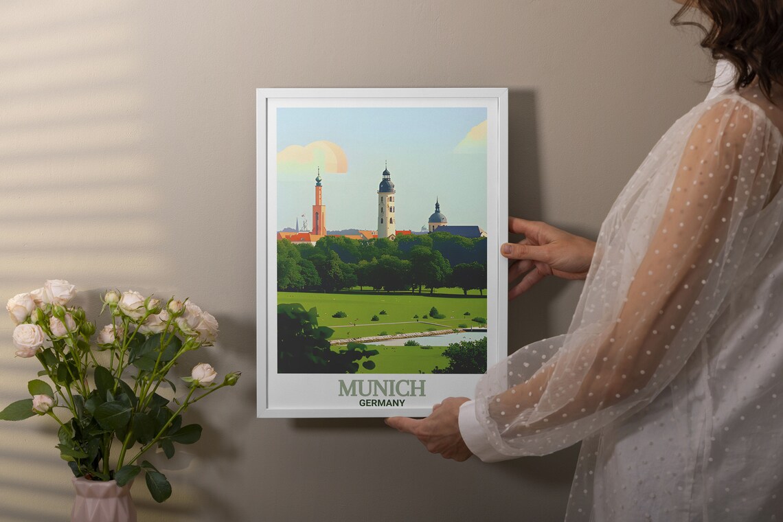 Munich English Garden Green Meadows Pond Church Towers Travel Poster - Image 3