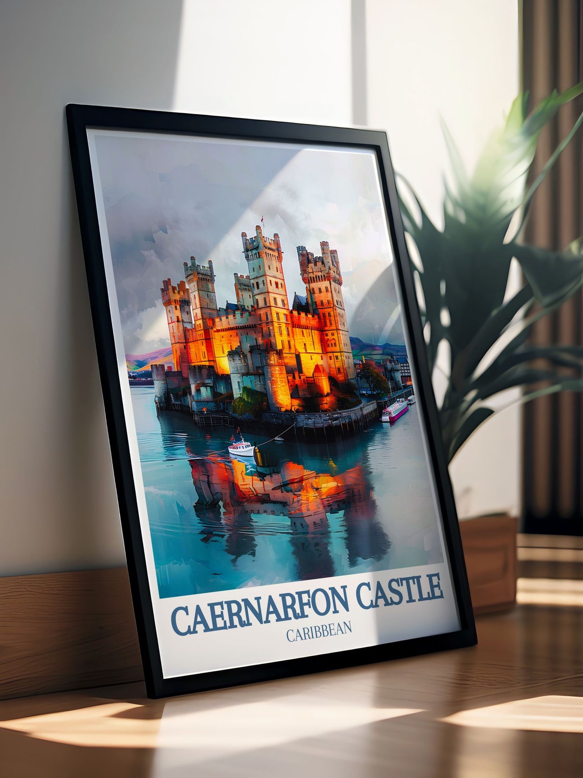 Caernarfon Castle Wales Sunset Glow Calm Water Reflection Poster - Image 2