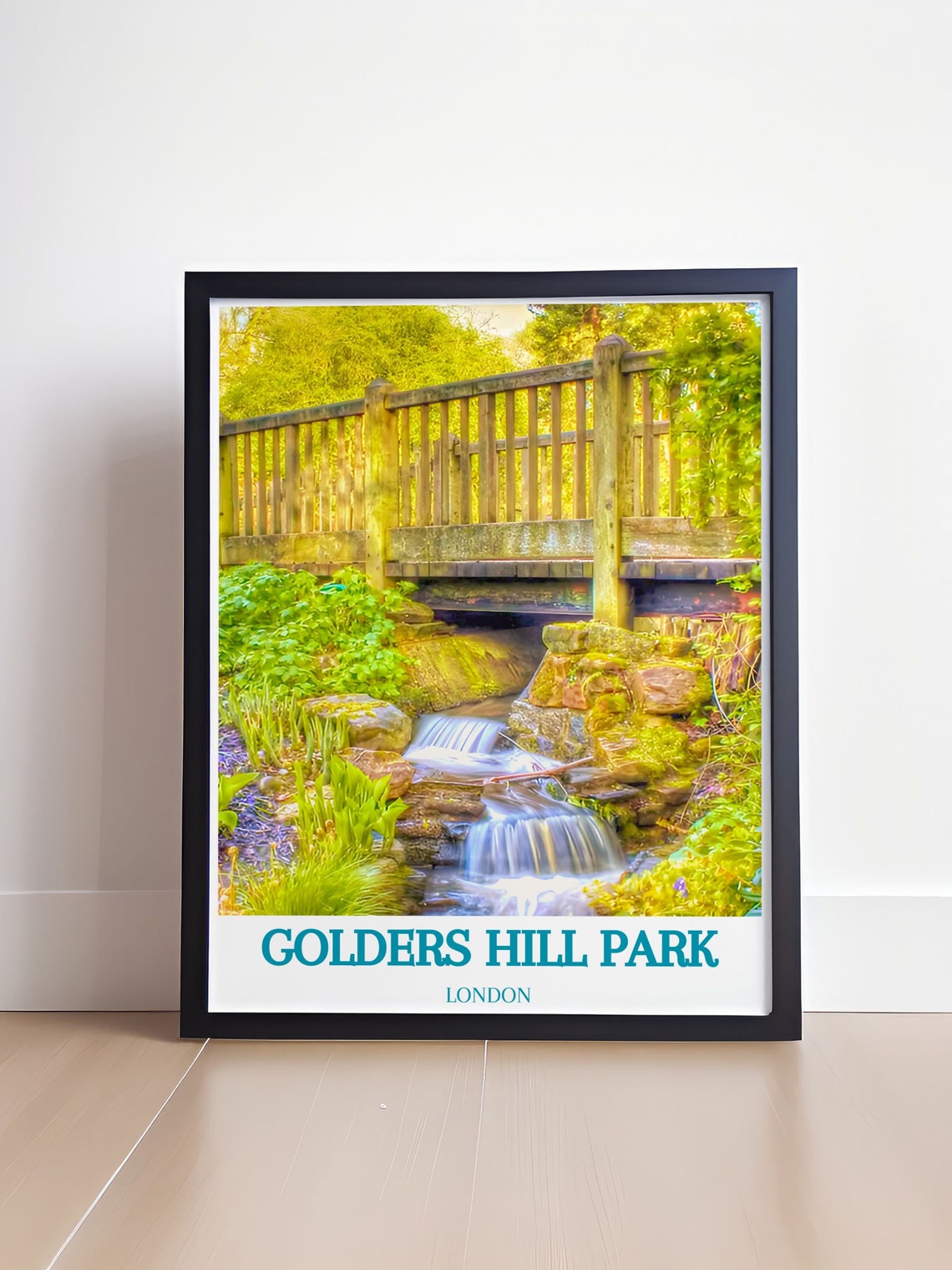 Golders Hill Park London Waterfall Bridge Lush Travel Poster - Image 4