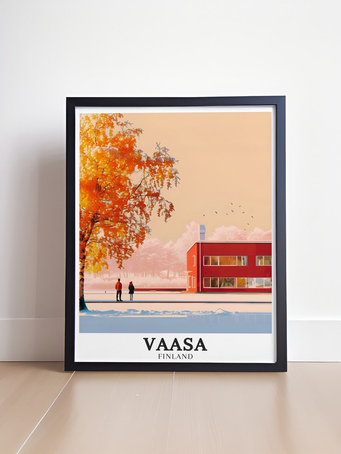 Vaasa Finland Winter Harbor Red Building Golden Birch Tree Poster - Image 4