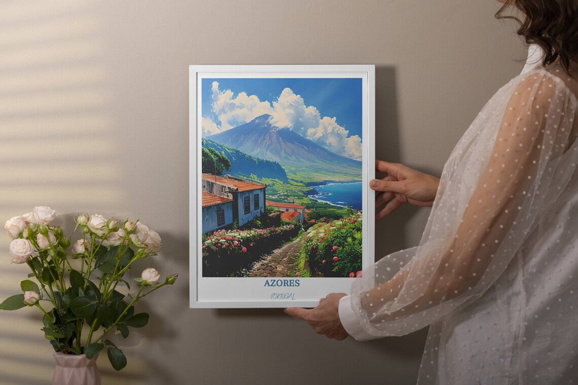 Azores Pico Mountain View Over Flower Lined Village Street Poster - Image 4