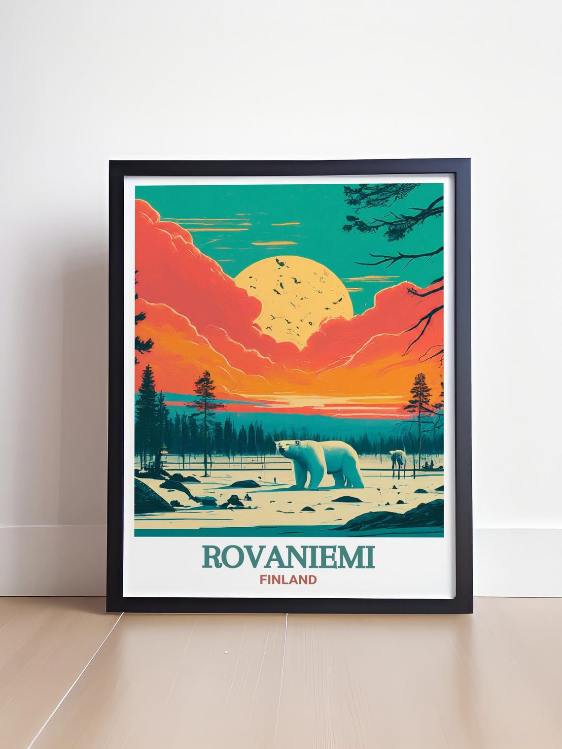 Rovaniemi Finland Poster with Polar Bear in Arctic Sunset Scene - Image 4