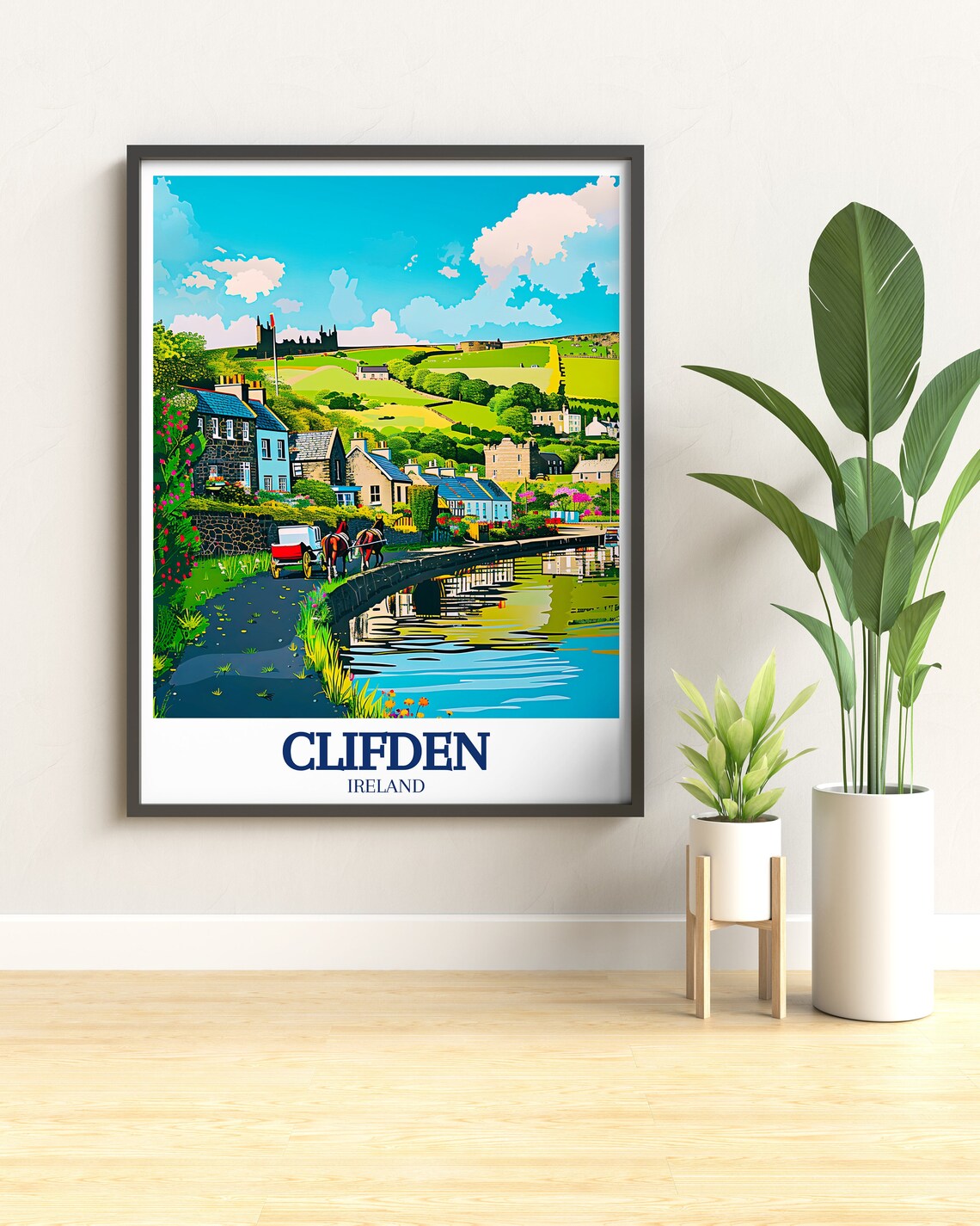 Clifden Ireland Horse Carriage Riverside Village Scene Travel Poster - Image 2