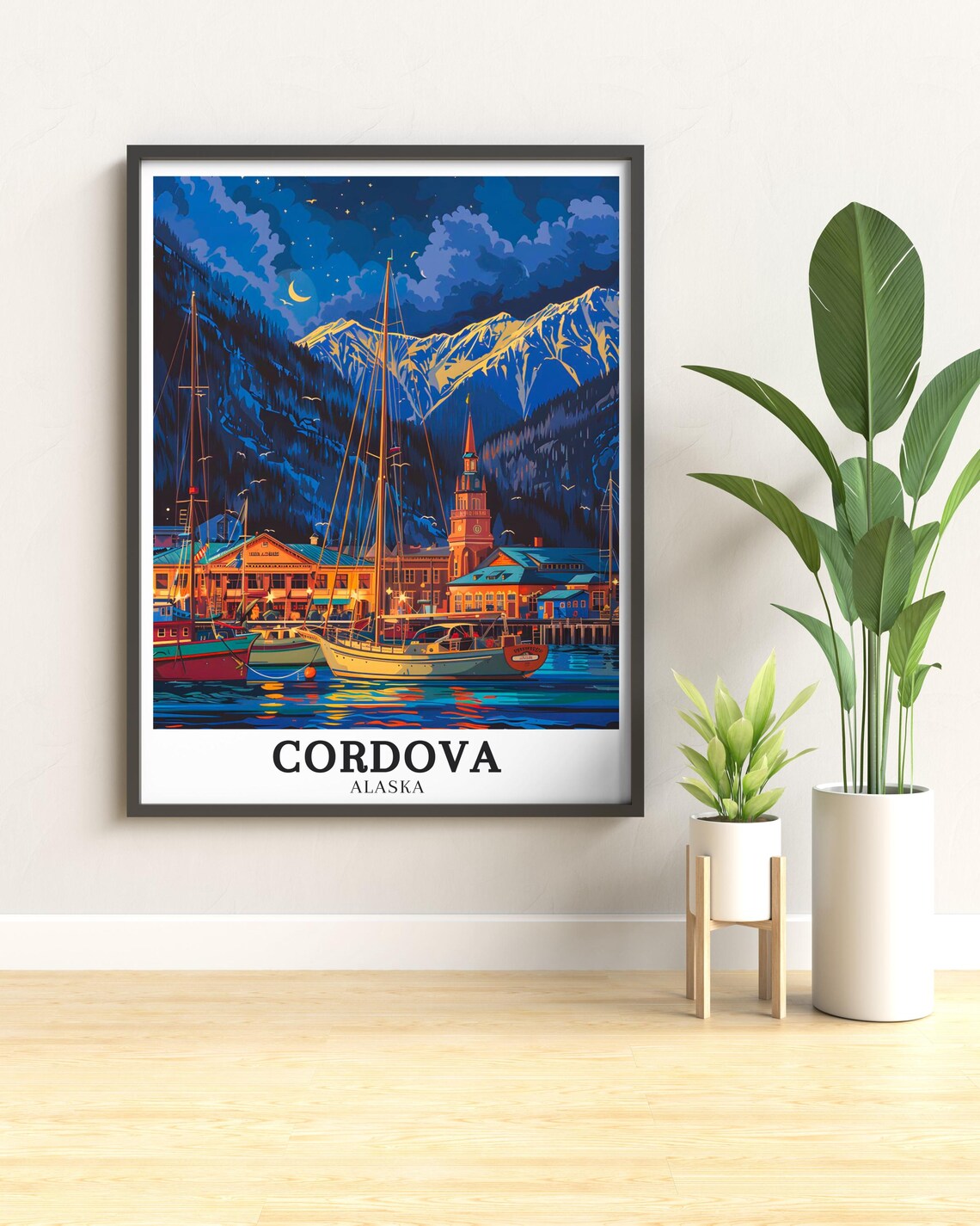 Cordova Alaska Night Harbor Sailboats Moonlit Mountains Town Poster - Image 3