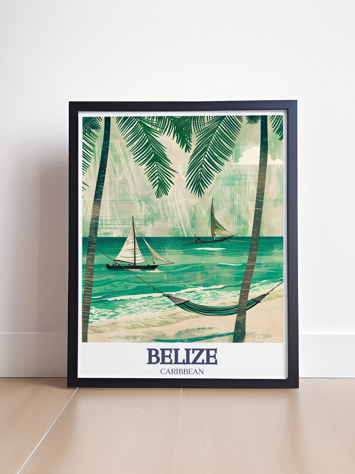 Belize Caribbean Beach Palm Hammock Sailboats Tropical Poster - Image 4
