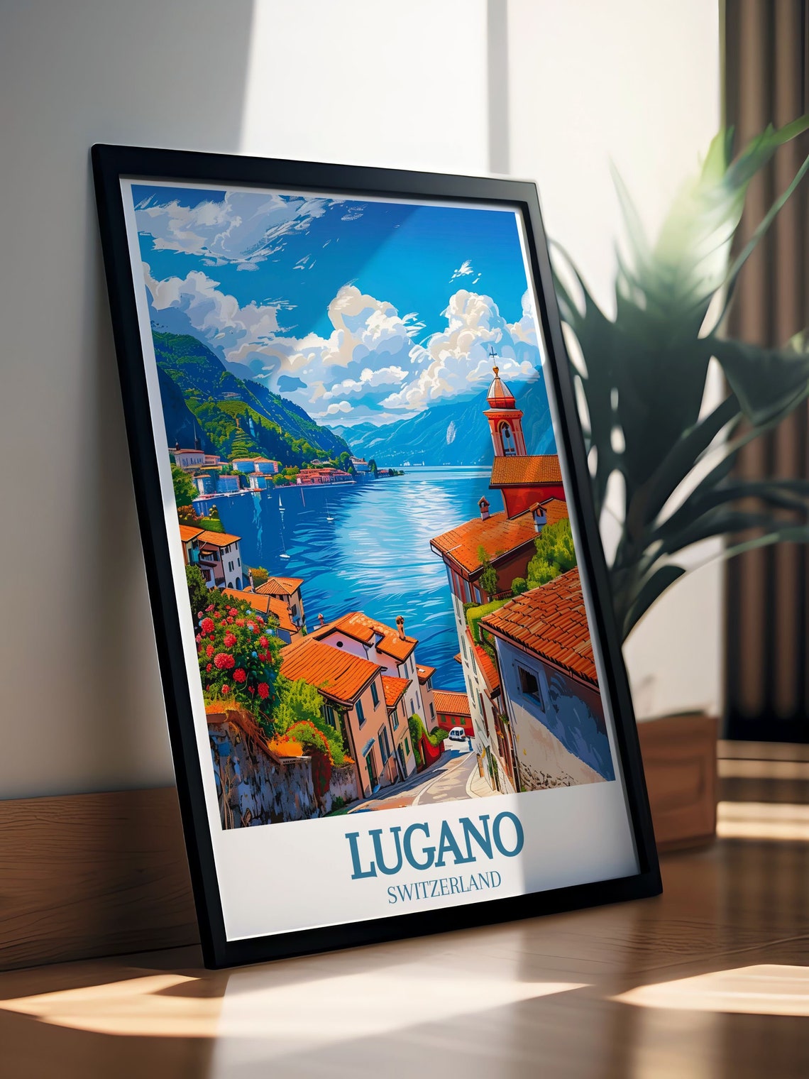 Lugano Switzerland Old Town Church Tower Over Lake View Poster - Image 2