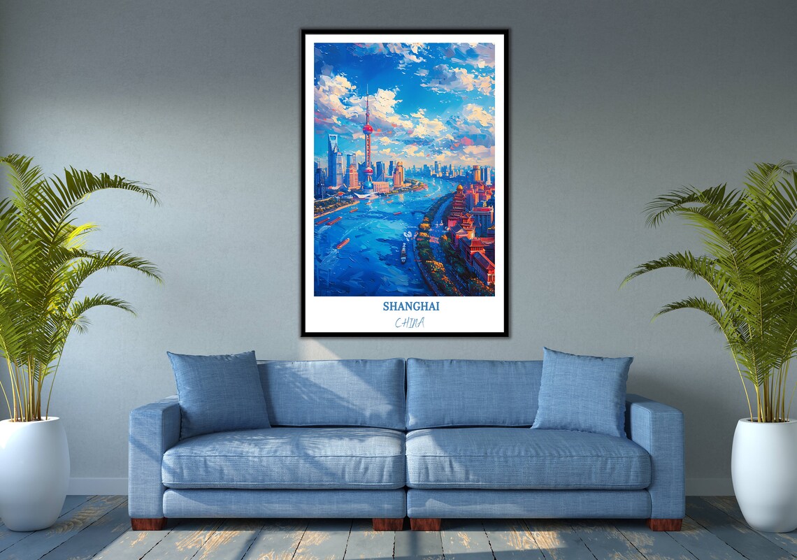 Shanghai China Huangpu River Bend Boats Skyline Dusk Travel Poster - Image 2