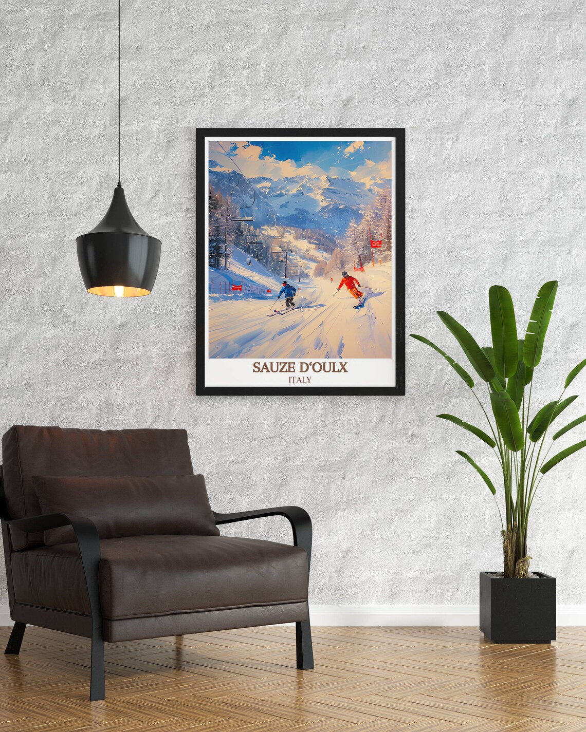 Sauze d'Oulx Italy Skiers Racing Down Sunny Alpine Slopes Poster - Image 2