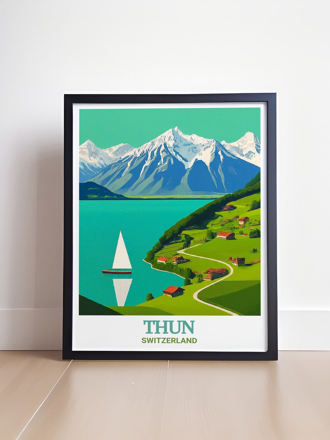 Thun Lake Sailboat Against Snowy Alpine Mountain Peaks Poster - Image 4
