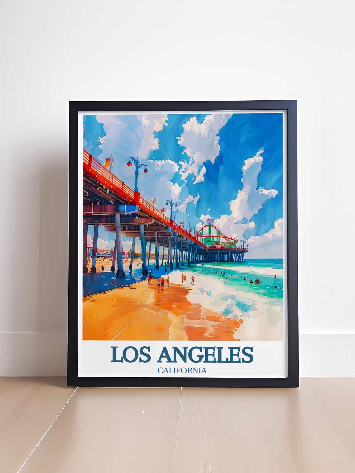 Los Angeles California Santa Monica Pier Beach Watercolor Poster - Image 4