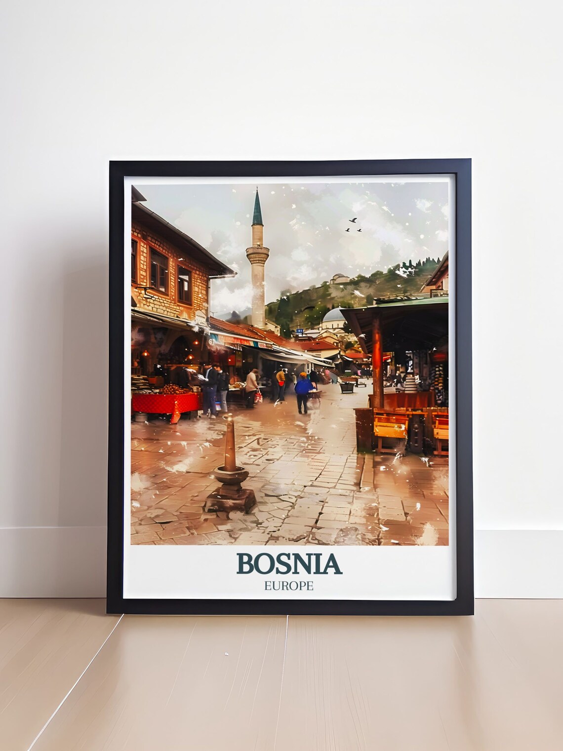 Sarajevo Bascarsija Old Bazaar Street and Mosque Minaret Travel Poster - Image 4