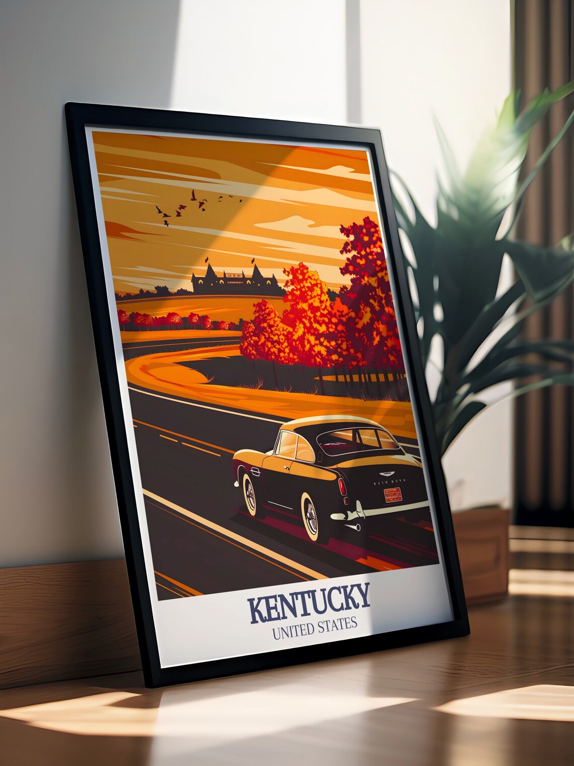 Kentucky Vintage Black Sports Car Autumn Sunset Road Travel Poster - Image 2