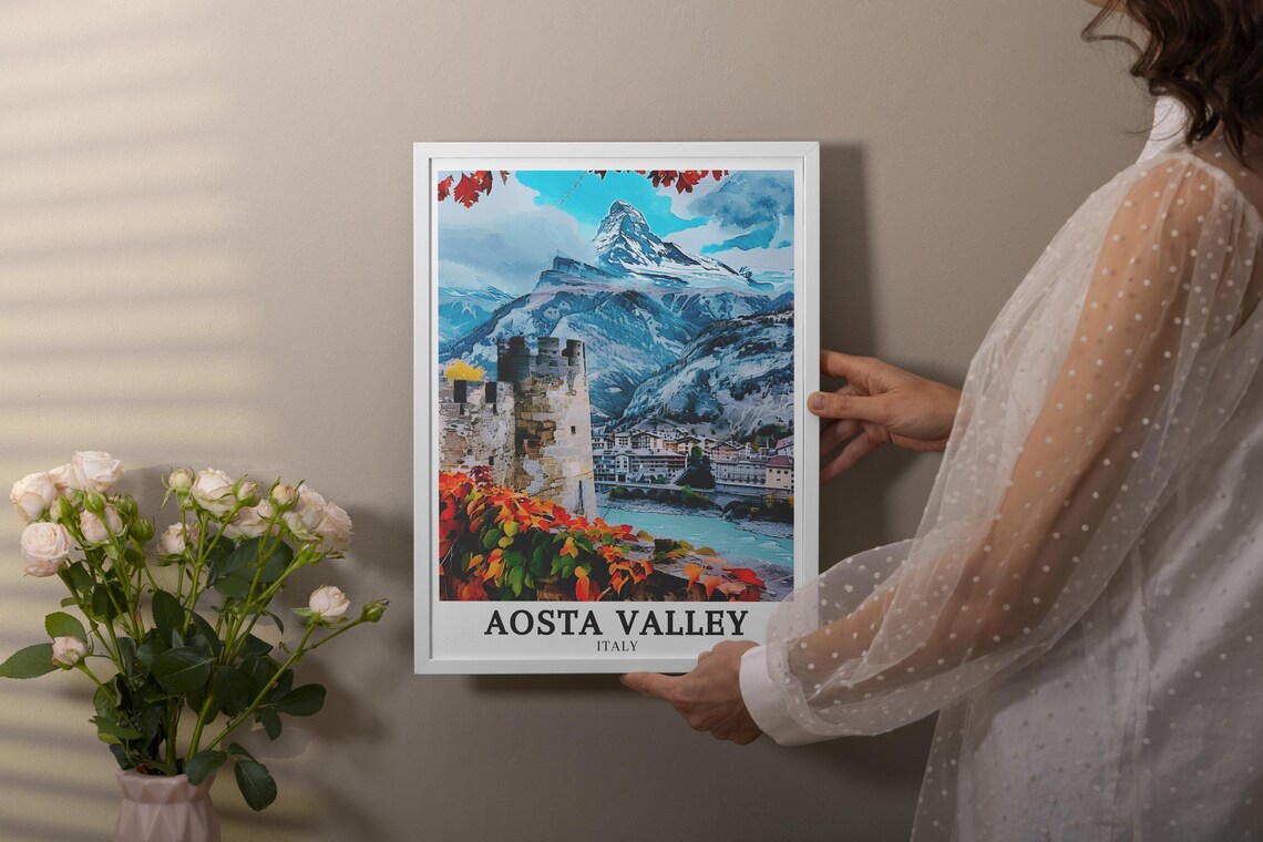 Aosta Valley Italy Autumn Castle Village Alpine Peak Travel Poster - Image 2