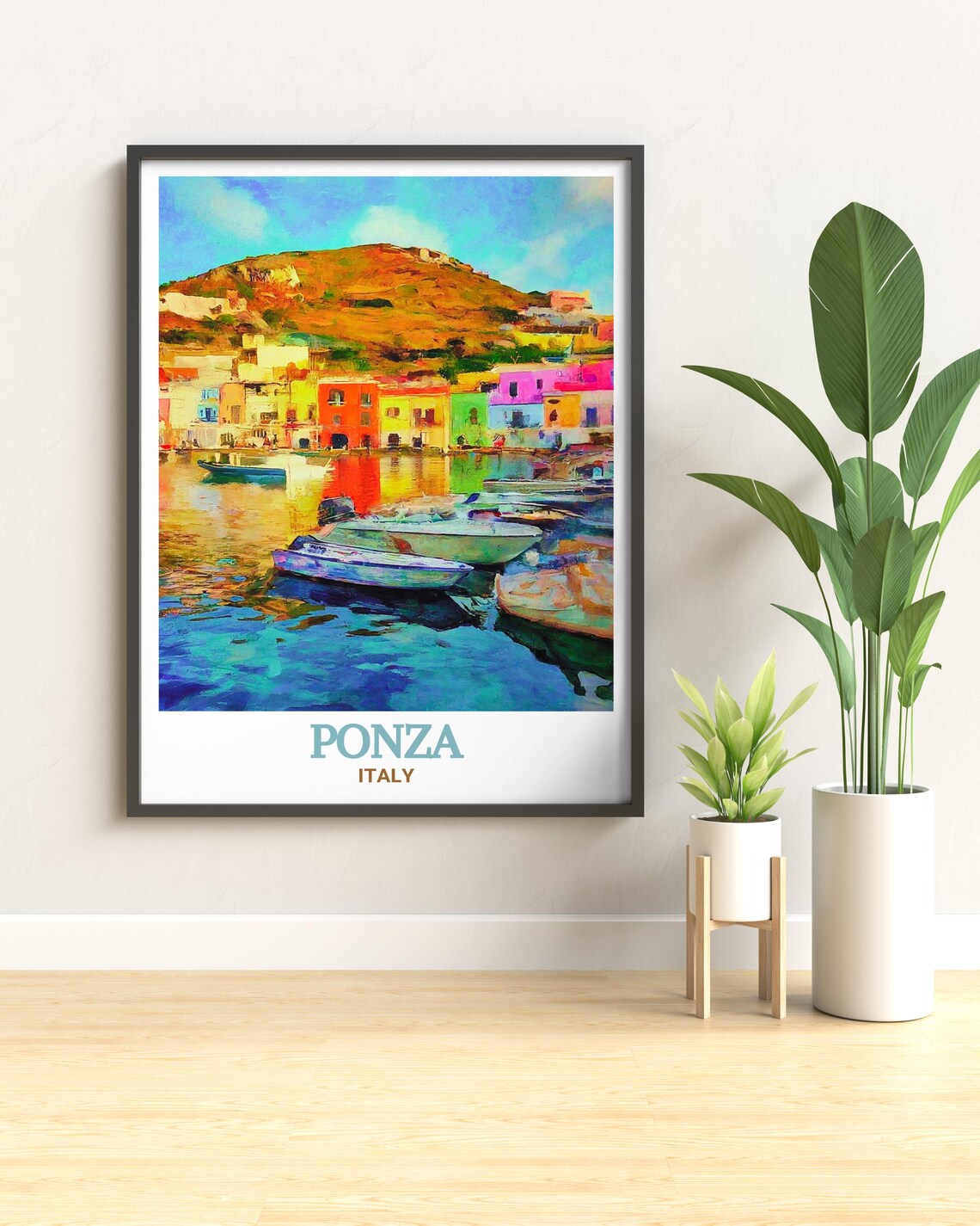 Ponza Italy Colorful Harbor Boats Hillside Town Travel Poster - Image 3