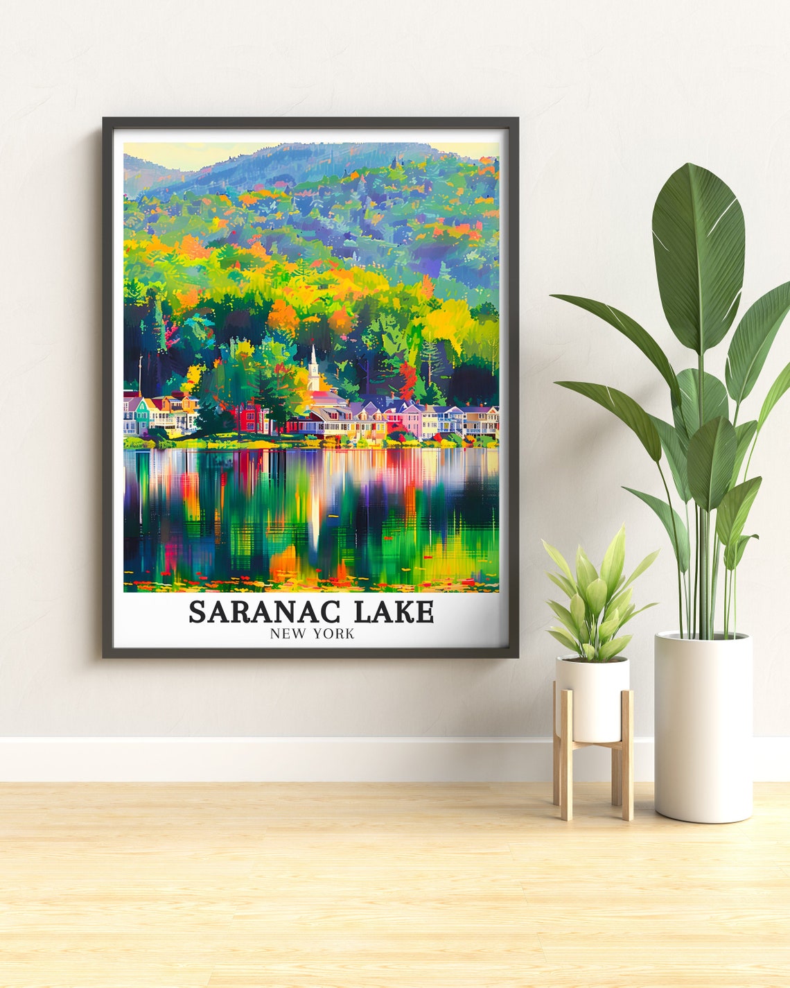 Saranac Lake Autumn Village Reflection Fall Colors Travel Poster - Image 3
