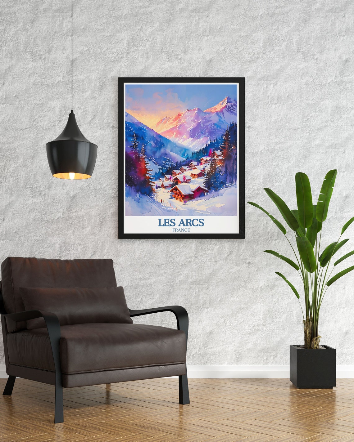 Les Arcs France Alpine Chalets Sunset Watercolor Ski Travel Poster - Image 3