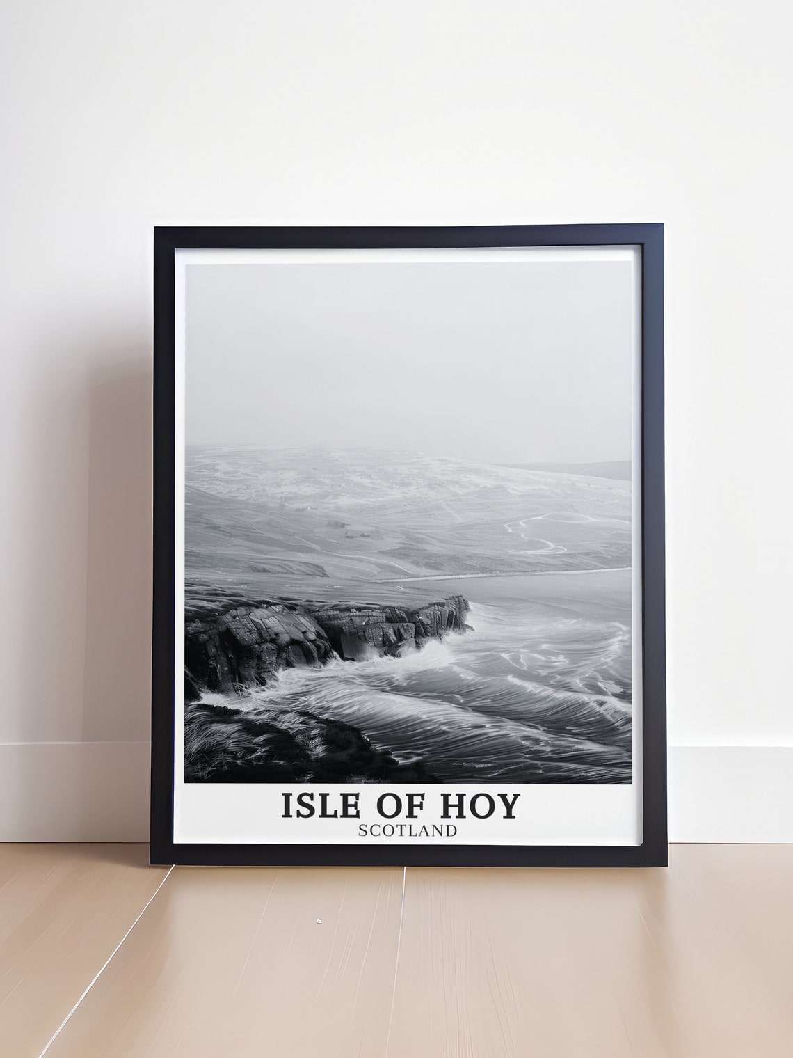 Isle of Hoy Scotland Black White Moody Coastline Waves Poster - Image 4
