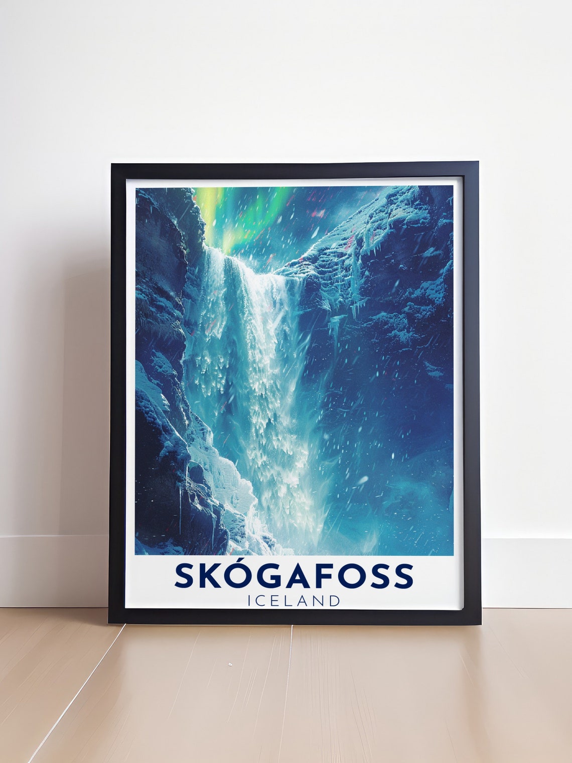 Skogafoss Iceland Frozen Waterfall Aurora Borealis Night Poster - Image 4