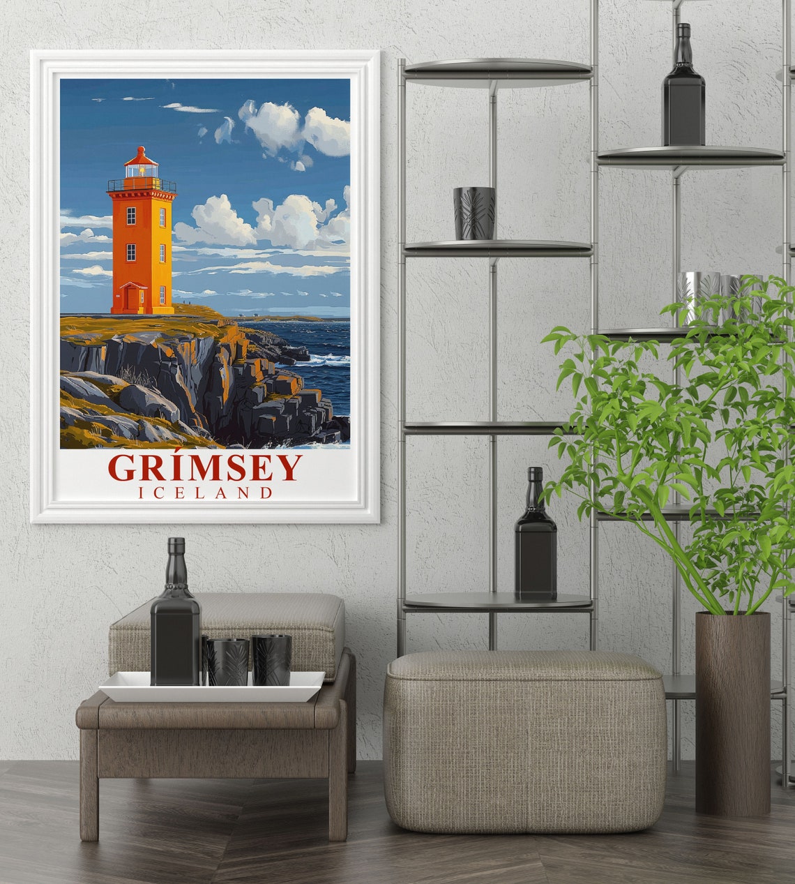Grimsey Iceland Orange Lighthouse Poster on Arctic Rocky Coast - Image 2