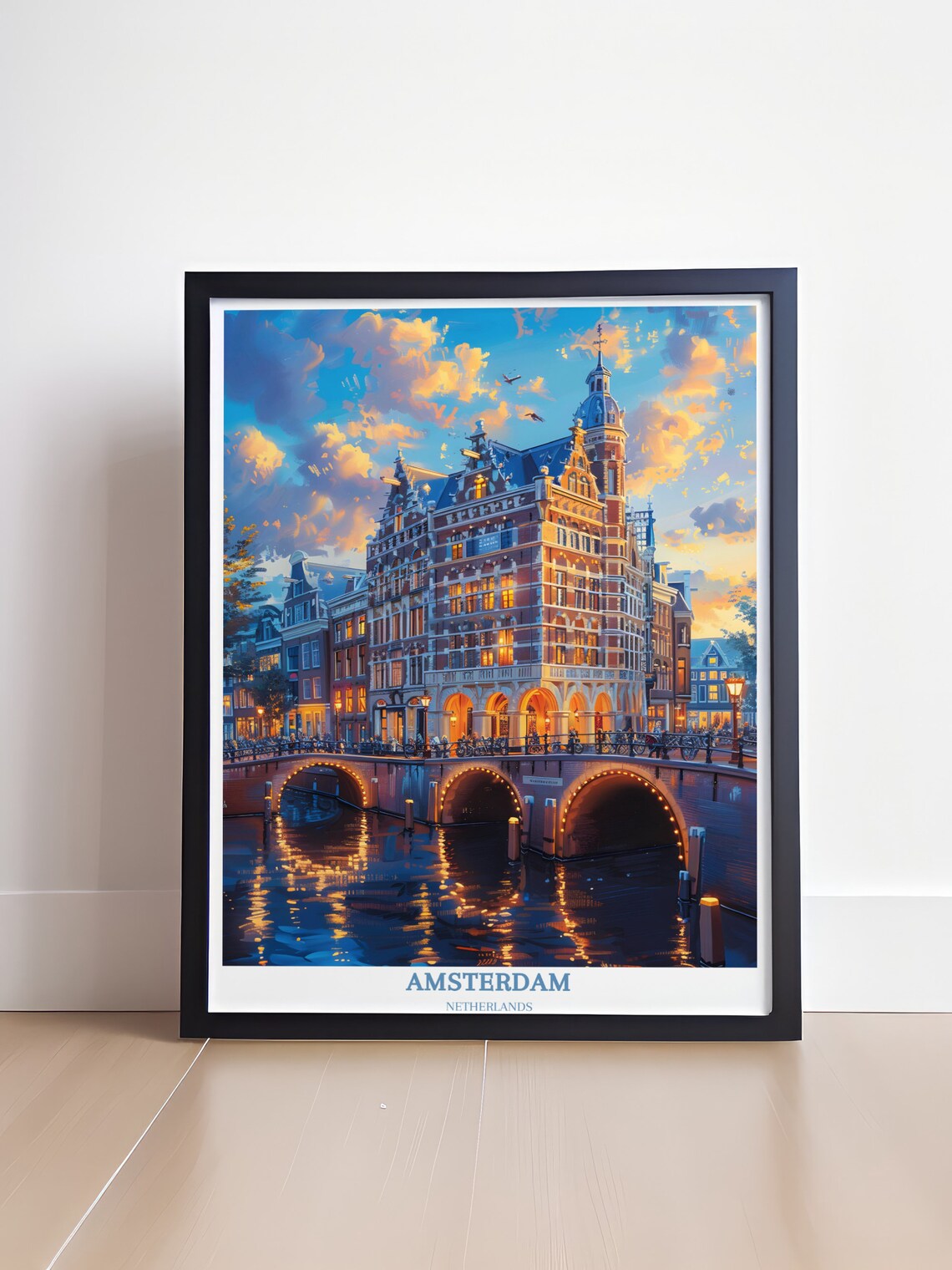 Amsterdam Canal House at Dusk with Lit Bridge Night Travel Poster - Image 4