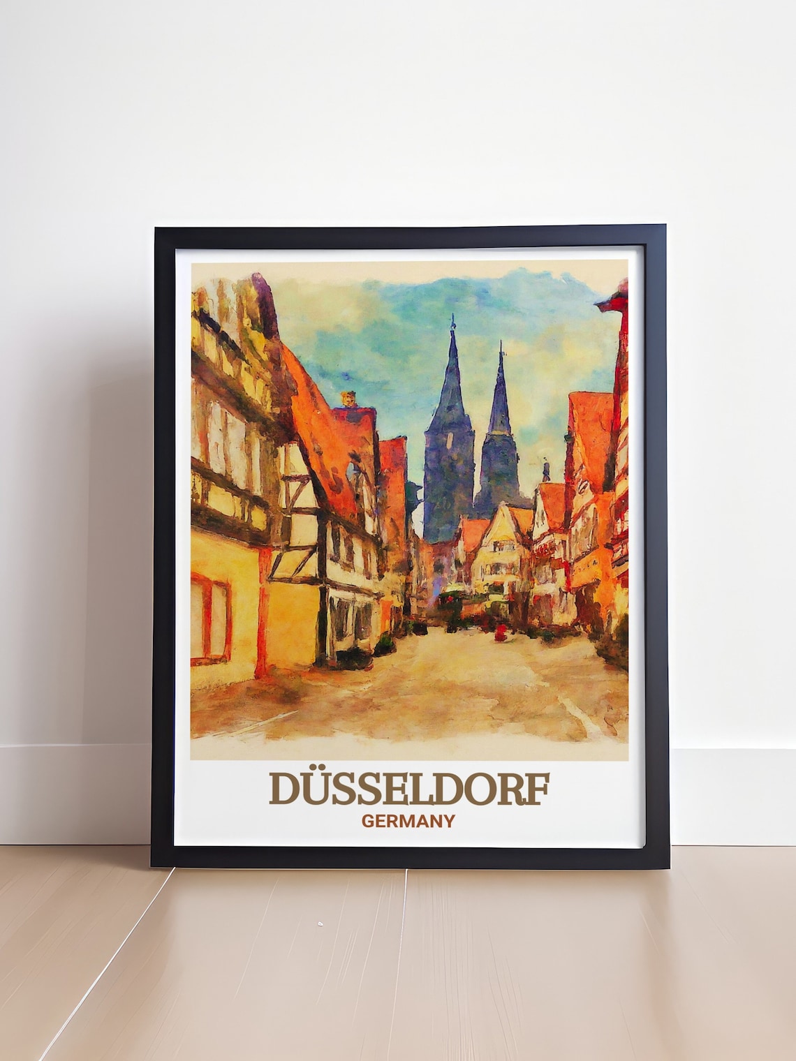 Düsseldorf Germany Altstadt Twin Church Street Watercolor Poster - Image 4