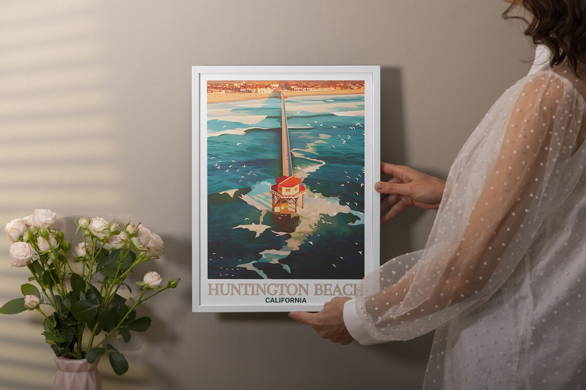 Huntington Beach Pier Aerial View Over Ocean California Poster - Image 3