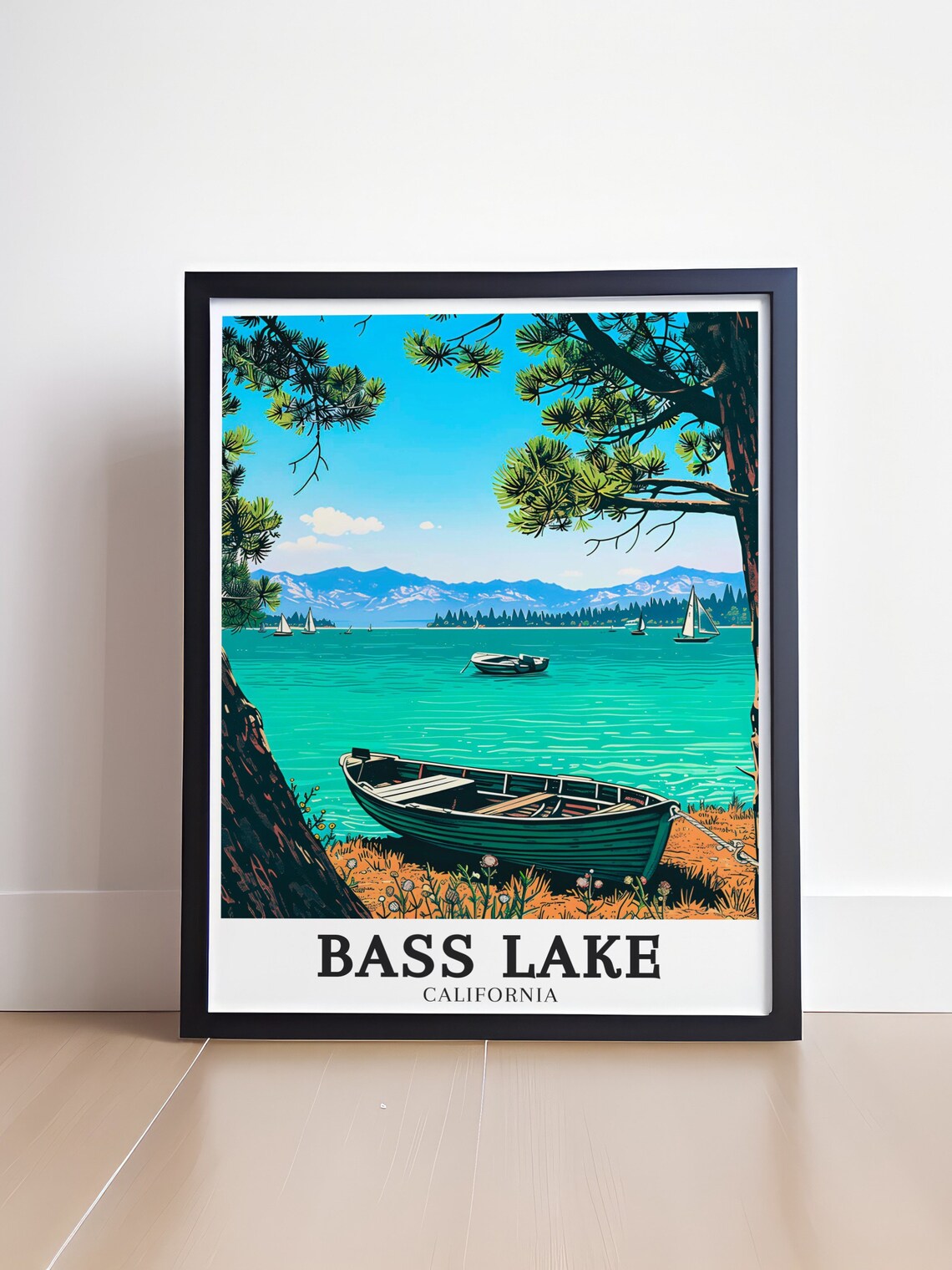 Bass Lake California Rowboat On Shore Pines Sailing Day Poster - Image 4