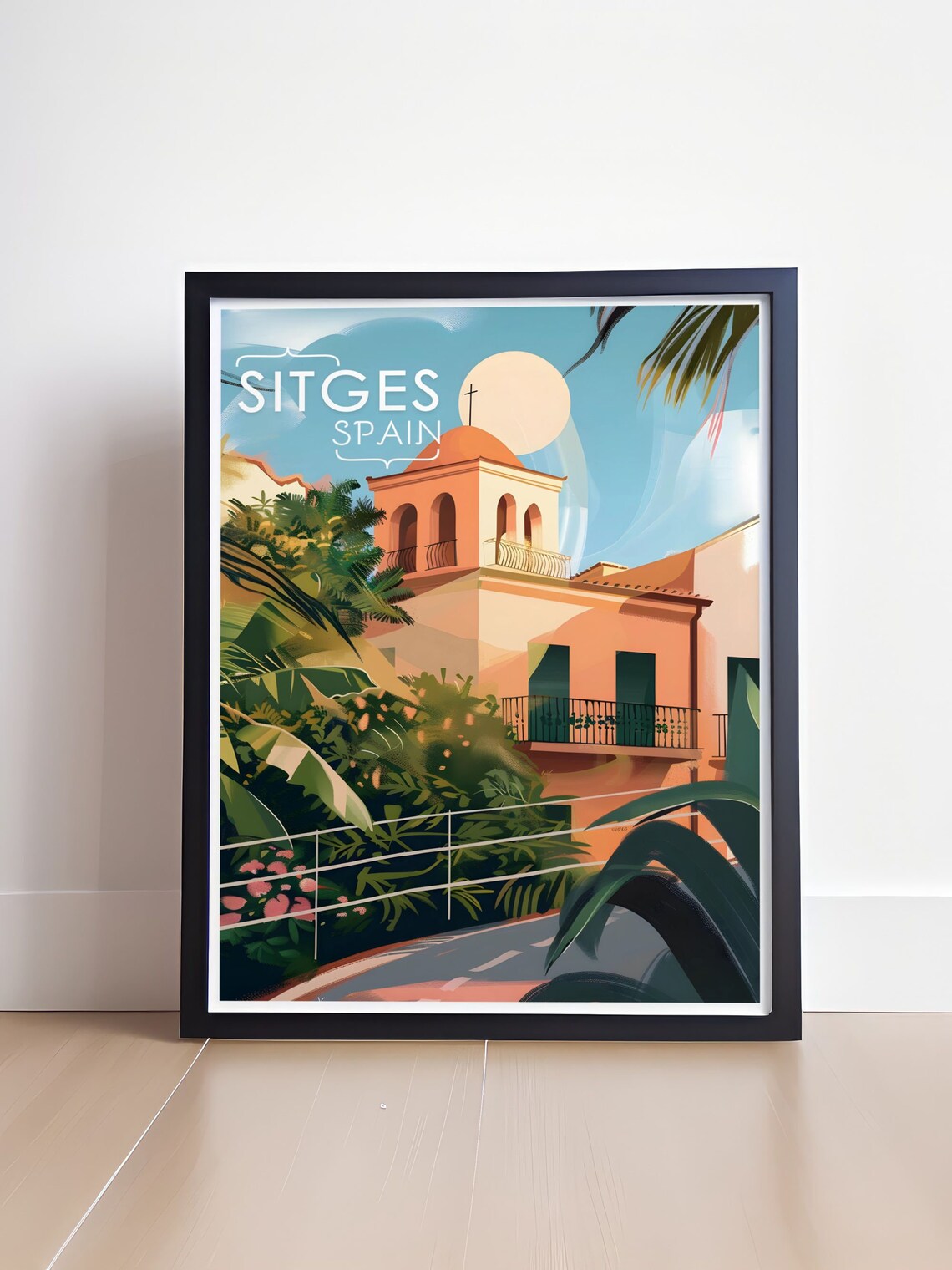 Sitges Spain Church of Sant Bartomeu Palm Fronds Retro Travel Poster - Image 4