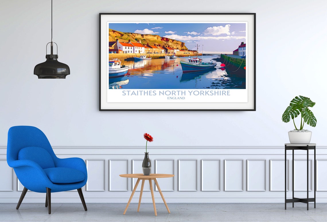Staithes North Yorkshire Moored Boats Cliffside Cottages Travel Poster - Image 4