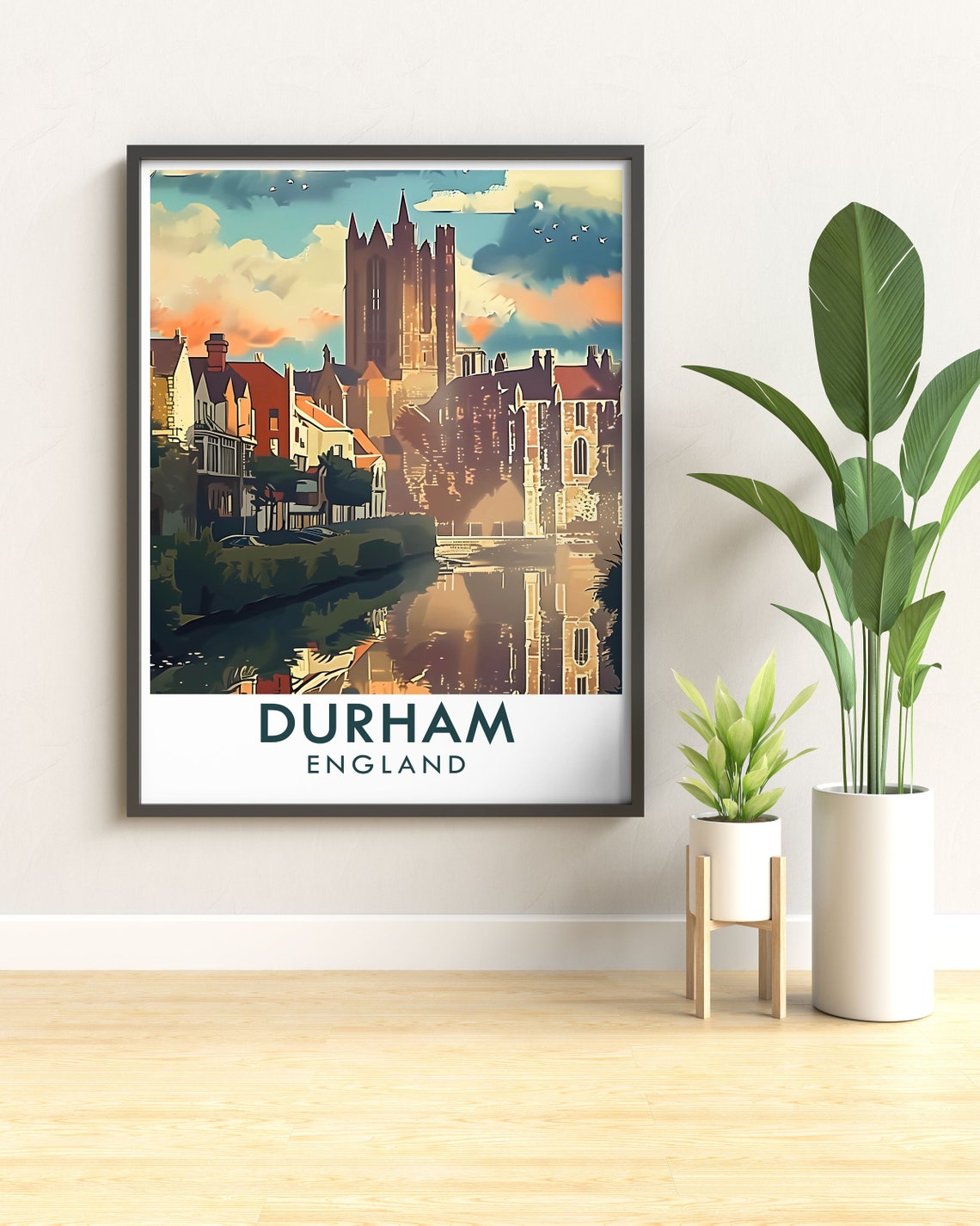Durham England Cathedral Above Riverside Town Scene Travel Poster - Image 2