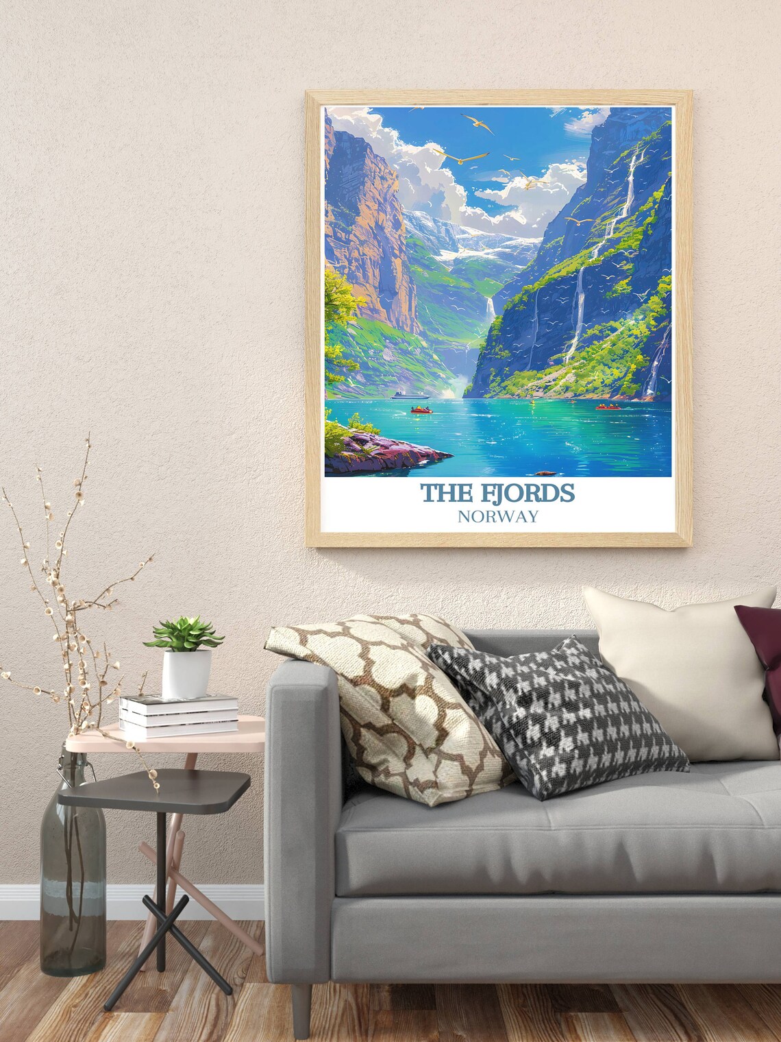 The Fjords Norway Travel Poster Waterfalls Kayaks and Cliffs View - Image 3
