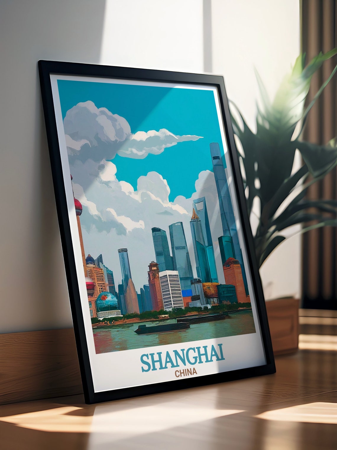 Shanghai China The Bund Pudong Skyline River Retro Sky Poster - Image 2