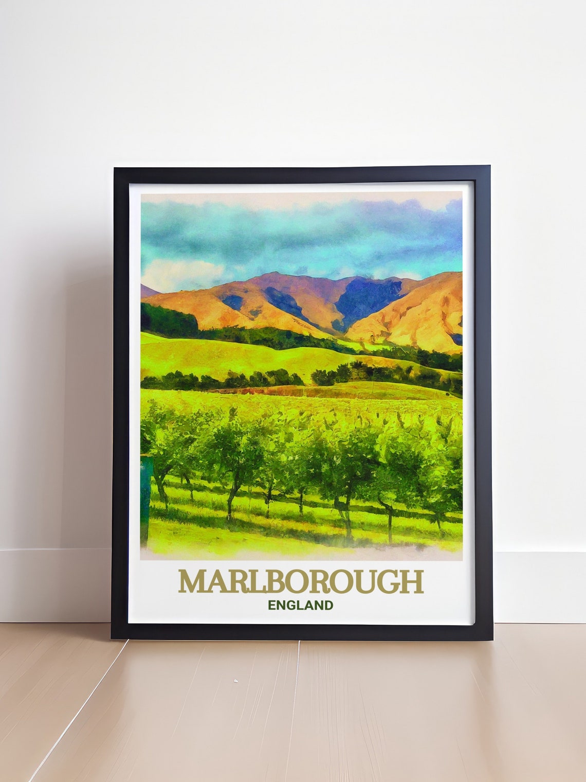 Marlborough Vineyard Hills Watercolor Scenic England Travel Poster - Image 4
