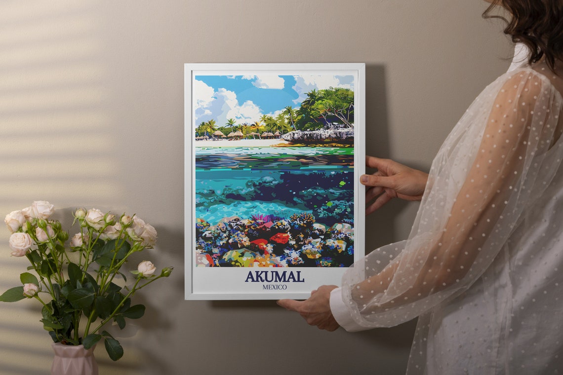 Akumal Coral Reef Underwater Beach Palms Mexico Caribbean Poster - Image 3
