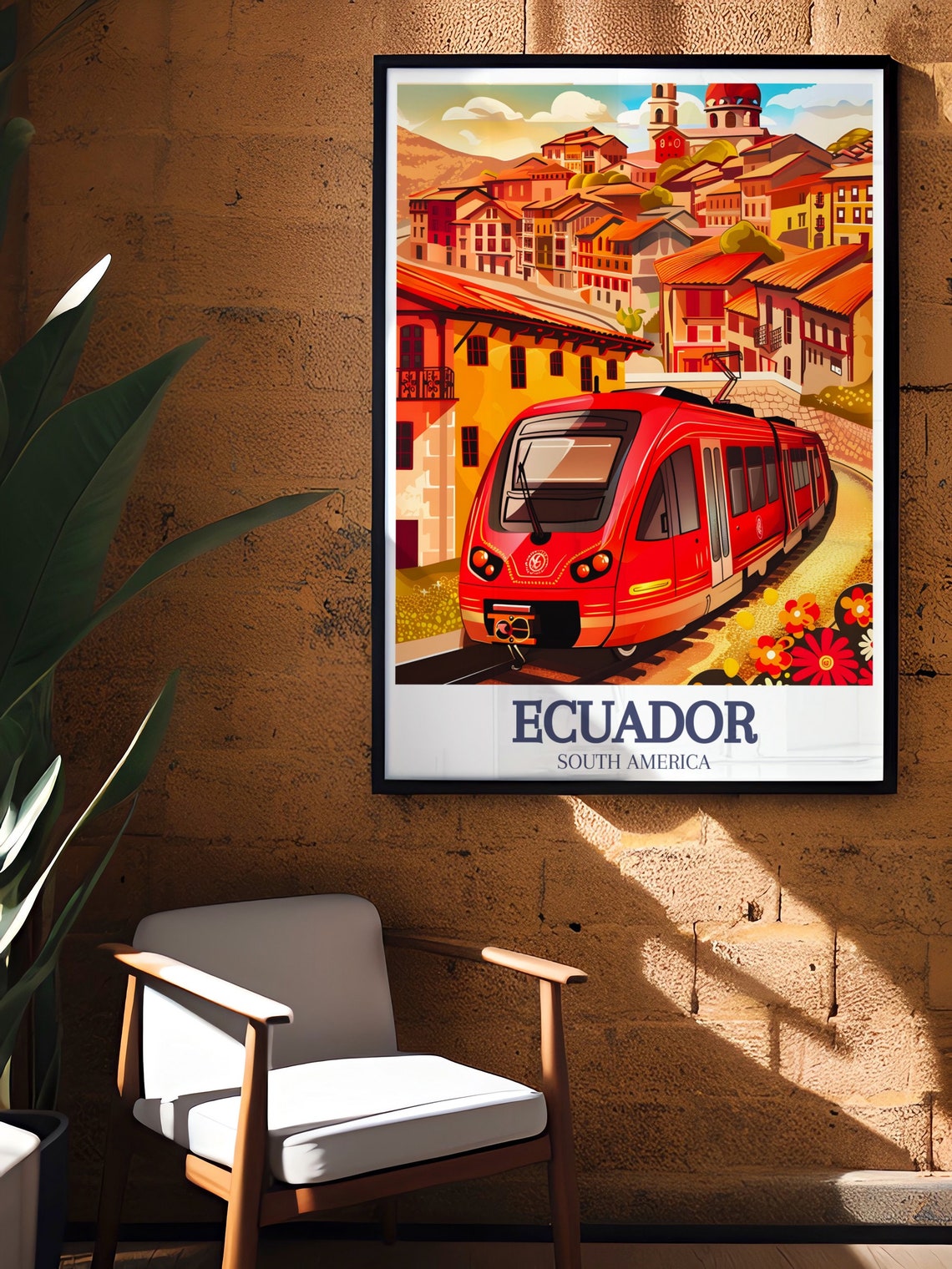 Ecuador Cuenca Red Tram Colonial Hillside Town Travel Poster - Image 3