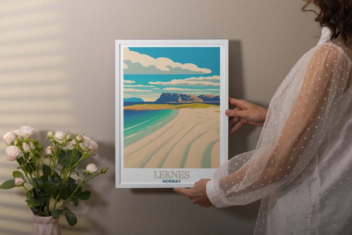 Leknes Travel Poster Haukland Beach Travel Print Leknes Norway In Haukland Beach Art Norway Fjords And Mountain Peaks - Image 3