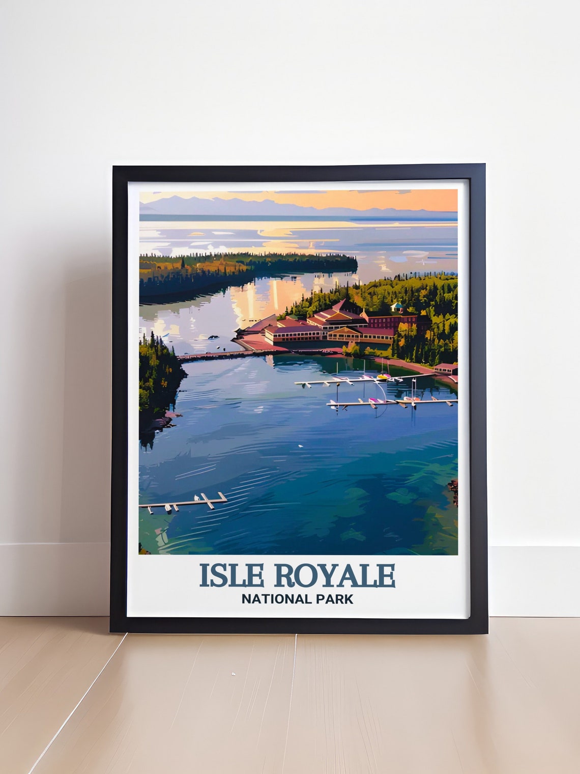 Isle Royale Rock Harbor Lodge Aerial Lake Sunset Travel Poster - Image 4