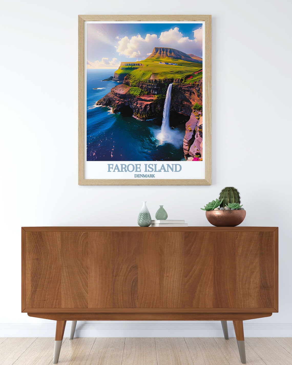 Faroe Islands Mlafossur Waterfall into Ocean Coastal Travel Poster - Image 3